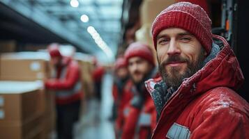 Employees in warm red jackets engage in logistical tasks, organizing freight and managing inventory in a spacious warehouse with packed boxes during winter. photo