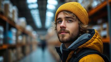 A young man with a yellow beanie stands in a warehouse aisle filled with shelves of boxes. He appears focused, possibly analyzing inventory and planning logistics for efficient distribution. photo