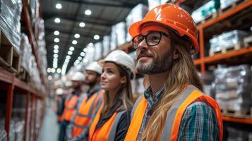 Warehouse staff in safety gear actively monitor inventory in a distribution center, collaborating to enhance logistics operations and fulfill storage requirements effectively. photo