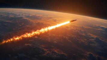 A rocket ascends into space, leaving a fiery trail as it breaks through Earth's atmosphere at dusk, demonstrating advanced propulsion and aerodynamics in aerospace endeavors. photo