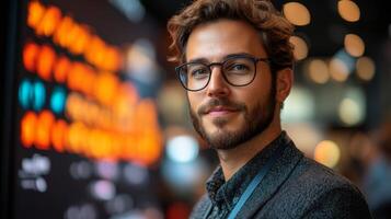 A logistics professional with glasses stands confidently at a busy distribution hub, overseeing inventory and sorting processes during peak operations in the warehouse. photo
