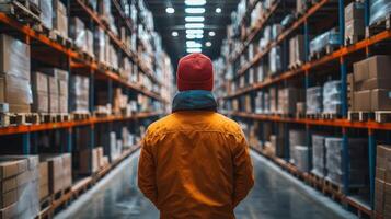 A worker in an orange jacket and red beanie observes rows of stacked boxes in a warehouse, emphasizing the logistics and distribution processes involved in inventory management. photo