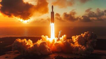 A rocket lifts off powerfully from the launch pad as flames and smoke erupt behind it. The vibrant colors of the sunset illuminate the sky and ocean in the background. photo