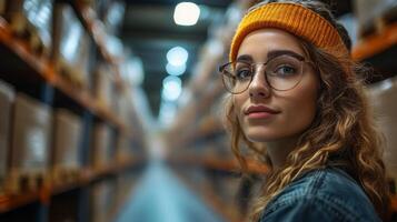 A person with curly hair and glasses stands in a warehouse, surrounded by tall shelves filled with boxes. They look thoughtful while reviewing inventory in a sorting area. photo