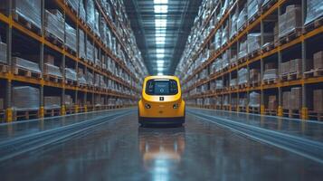 An autonomous vehicle moves down an organized aisle in a large warehouse. The shelves are stocked with boxes, indicating active logistics and inventory management. photo