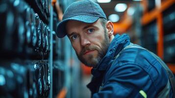 A warehouse worker inspects inventory shelves in a logistics hub, focused on sorting items for efficient distribution during busy operational hours. photo