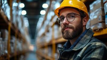 A logistics specialist wearing a hard hat and glasses observes the well organized storage space filled with boxes. The atmosphere reflects efficiency and productivity in a distribution hub. photo