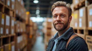 A warehouse manager is smiling while standing between tall shelves filled with boxes in a bustling logistics hub, overseeing sorting activities and ensuring efficient distribution. photo
