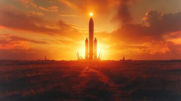 A powerful rocket stands poised for launch as the sun sets dramatically behind it, illuminating the scene with warm hues. Ground crews ensure readiness for the space mission. photo