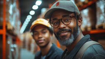 Two men are smiling in a warehouse filled with stacked pallets while engaging in logistics and inventory tasks, demonstrating professionalism in a busy distribution environment. photo