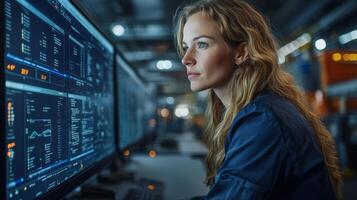 A logistics specialist works diligently at a distribution center, focused on various screens that display real time inventory data and operational metrics for effective management. photo