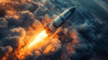 A rocket ascends into the atmosphere, exuding flames and smoke as it propels upwards amidst a backdrop of clouds during twilight. The powerful thrust indicates a significant mission. photo