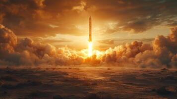A rocket propels upward against a backdrop of colorful clouds during sunset, showcasing the power of propulsion and the potential of spaceflight. photo