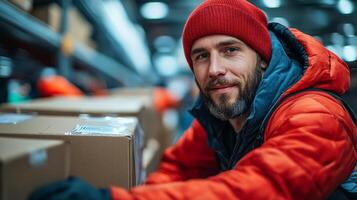 Focus is on a worker sorting packages in a large warehouse. The warehouse is well lit and organized, with shelves filled with boxes ready for distribution. photo