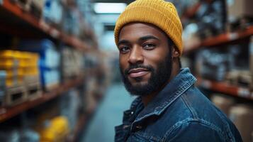 A warehouse worker wearing a yellow beanie and denim jacket stands in a storage aisle filled with neatly stacked inventory. The worker appears approachable and engaged in their work environment. photo