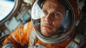 Astronaut wearing an orange spacesuit examines control panels and monitors inside a spacecraft, engaged in critical tasks during a space mission. photo