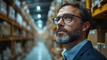 A warehouse manager evaluates inventory on shelves, ensuring efficient sorting and fulfillment processes while coordinating with staff in a bustling logistics hub. photo