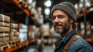 A man stands confidently among stacked packages in a warehouse distribution hub. He is involved in organizing inventory and ensuring efficient sorting processes. photo
