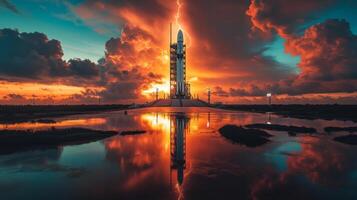 A rocket is poised on its launch pad under a dramatic sunset. Storm clouds gather as lightning streaks across the sky, preparing for an upcoming spaceflight and propulsion test. photo