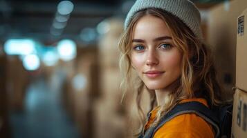 A young woman with a warm smile stands amidst stacks of boxes in a bustling logistics warehouse, contributing to sorting and distribution efforts during business hours. photo