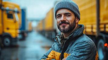 Logistics staff member stands confidently in a bustling warehouse. Yellow trucks line the background, indicating active inventory movement during a cloudy day. photo