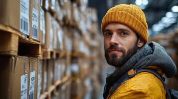 A warehouse worker is efficiently managing inventory in a distribution center filled with stacked cardboard boxes, ensuring smooth logistics and cargo handling during peak hours. photo