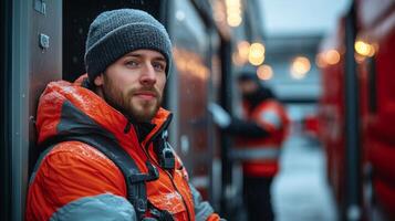 In a bustling distribution hub amidst cold weather, workers are actively managing inventory and sorting packages, showcasing the dynamic logistics operations in action. photo