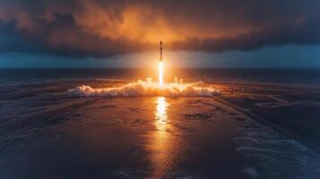 A rocket ascends powerfully from a launch pad, flames and smoke billowing as it breaks through dark clouds. The ocean reflects the fiery glow of propulsion as the mission begins. photo