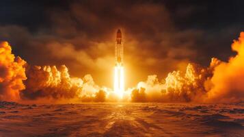 A massive rocket ascends into the atmosphere, surrounded by billowing clouds of smoke and fiery exhaust. The launch exemplifies advanced engineering and aerospace technology. photo