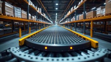 Conveyor belt moves smoothly through a large logistics warehouse filled with neatly stacked inventory, highlighting efficient storage and distribution practices. photo