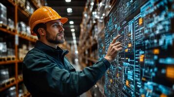A worker wearing a safety helmet is engaged in analyzing logistics data on a digital display. The setting is a modern warehouse filled with shelves and inventory. photo