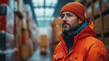 A man in an orange jacket and beanie observes his surroundings in a logistics warehouse filled with stacked boxes and storage areas during afternoon hours, ensuring proper inventory management. photo