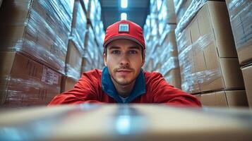 A dedicated worker wearing a red cap and uniform engages in inventory management amidst packed boxes in a well organized warehouse during daylight. photo