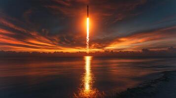 A stunning rocket launches from a coastal site at sunset, reflecting a brilliant glow on the calm water below, marking a significant moment in space exploration. photo