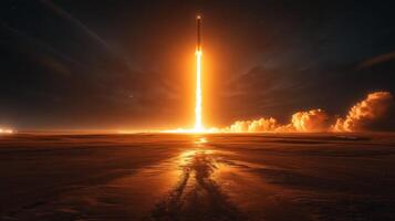 Bright flames erupt from the rocket as it soars into the night sky. The powerful launch demonstrates advanced aerospace technology and the achievements of modern spaceflight. photo