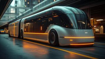 An electric transport vehicle is parked in an urban logistics hub, featuring a sleek design and illuminated accents, efficiently serving the needs of modern distribution and shipping. photo