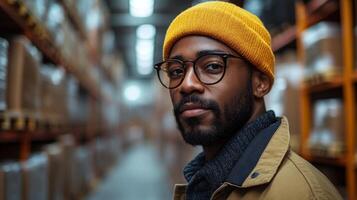 A logistics professional stands amidst rows of neatly organized storage boxes in a busy warehouse, assessing the inventory while ensuring efficient operations are maintained throughout the day. photo