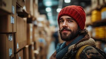 A worker in a red beanie stands among stacked boxes in a logistics facility, overseeing inventory while ensuring efficient operation in a bustling environment. photo