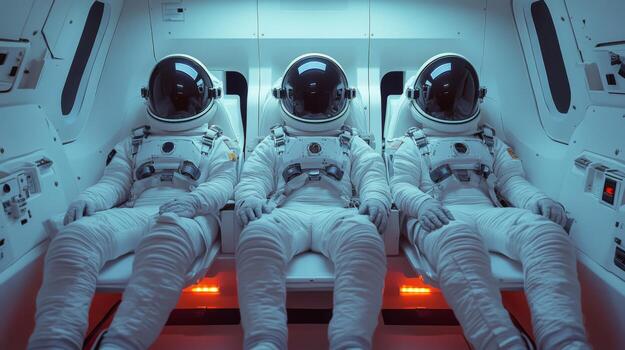 Tres astronautas son sentado en un futurista astronave, equipado con avanzado instrumentos y la seguridad características, como ellos engranaje arriba para un misión dentro espacio involucrando propulsión y aterrizaje tecnicas foto