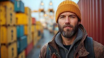 A skilled worker stands confidently in a logistics center surrounded by vibrant shipping containers. His focus highlights the importance of efficient inventory management and distribution processes. photo