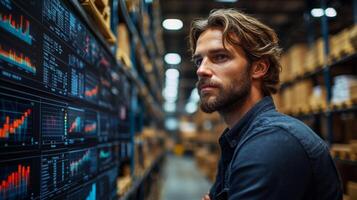 A logistics expert closely examines detailed inventory data displayed on screens in a bustling warehouse, highlighting strategies for efficient distribution and storage of cargo. photo