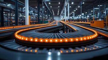 A sleek conveyor system swiftly transports products in a busy warehouse, showcasing efficient logistics with bright orange lights guiding items for sorting and storage. photo