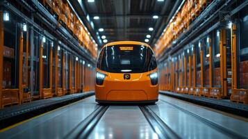 An automated transport vehicle navigates through the aisles of a high tech warehouse, enhancing logistics and fulfillment operations by managing inventory efficiently. photo