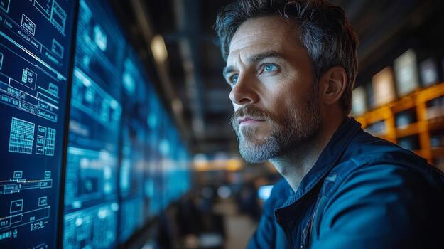 A worker analyzes real time data on multiple screens in a busy logistics facility. The environment is high tech and focused on efficient inventory tracking and cargo management. photo