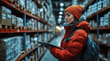 A focused worker dressed in a bright red jacket and orange beanie checks inventory levels in a spacious warehouse filled with shelves of boxes, ensuring accurate stock management. photo