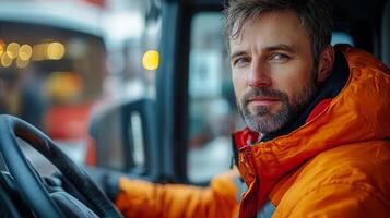 A logistics expert with a beard wearing a bright orange jacket operates a truck inside a busy distribution hub filled with activity and organized chaos. photo
