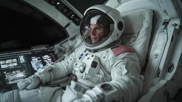 Astronaut sits in the cockpit, equipped with advanced controls and displays, preparing for a spaceflight mission while in full suit. Focus is on mission readiness and safety procedures. photo