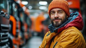 A logistics worker is smiling while standing in a distribution hub filled with orange delivery trucks. The atmosphere reflects a productive warehouse environment. photo