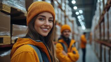 Workers in bright orange jackets and beanies efficiently sort and manage inventory in a busy warehouse, demonstrating teamwork and commitment to fulfillment and logistics tasks. photo