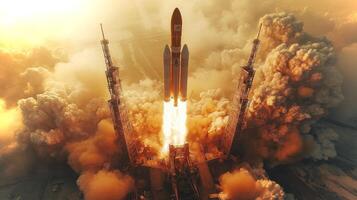 Rocket lifts off from the launch pad amid massive clouds of smoke and fire, demonstrating cutting edge propulsion technology during an exciting aerospace event in early evening. photo